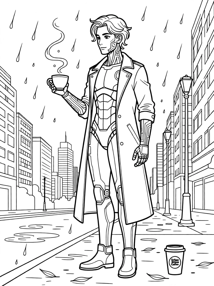A cyborg figure with glowing circuitry standing in the rain, with a cup of coffee steaming nearby.