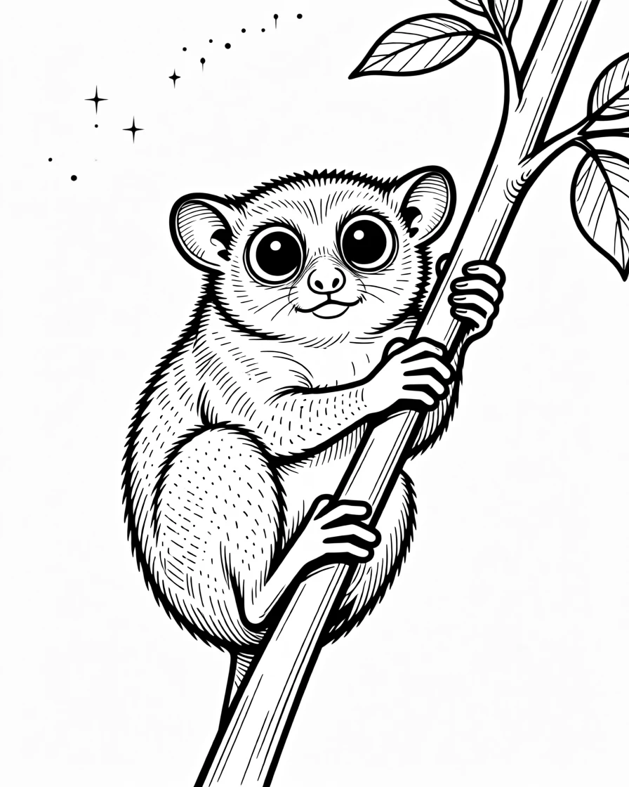 A round-eyed tarsier clinging to a branch at night