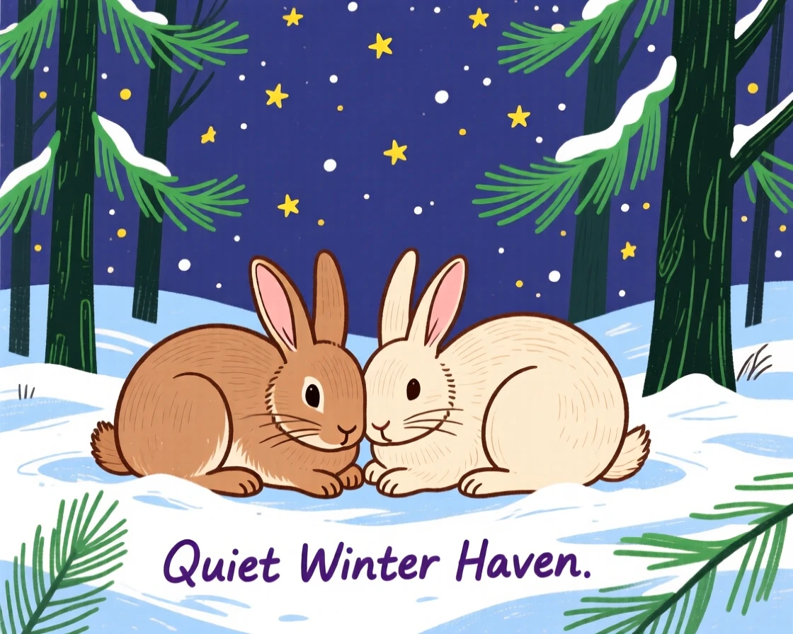 A pair of rabbits curled up together in a snowy pine forest under a clear starry sky.