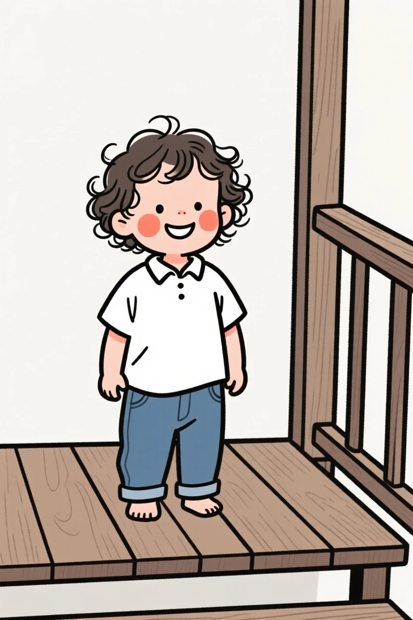A curly-haired toddler in a crisp white shirt and jeans, grinning mischievously, on a rustic wooden porch.