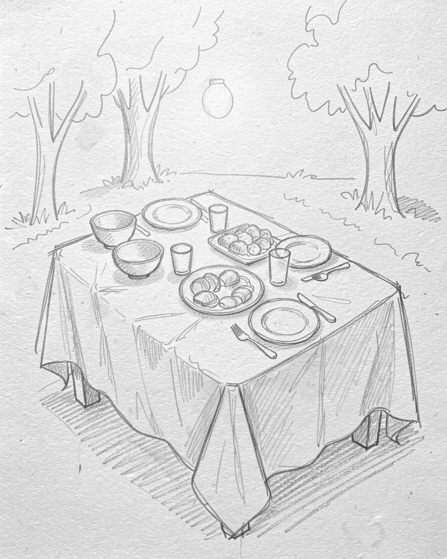 A table set for a festive holiday feast, in a warmly lit backyard, with festive colors filling the frame.
