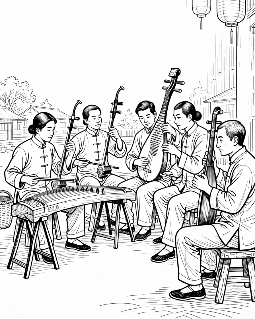 A group of musicians playing traditional string instruments at a village gathering.