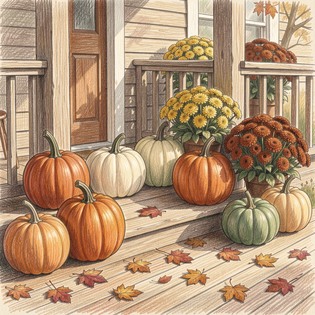 A farmhouse porch decorated for autumn with pumpkins and mums, with rich, inviting textures throughout the scene, evoking nostalgia and a deep sense of contentment.