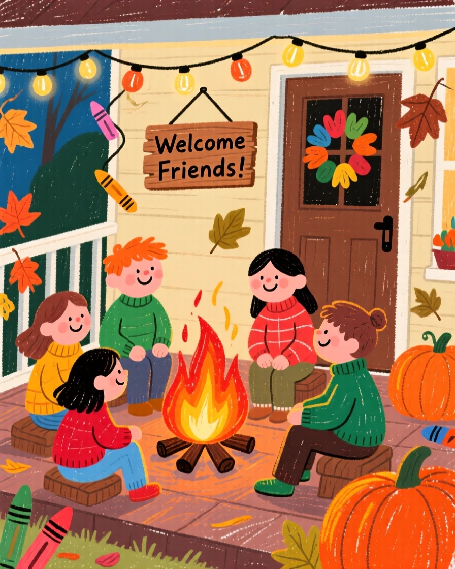 A bonfire surrounded by friends set on a porch decorated for the season.