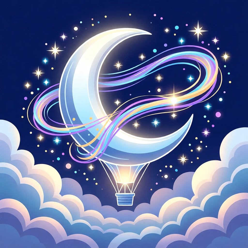 A magical hot air balloon shaped like a crescent moon floating through clouds, surrounded by swirling magical energy and sparkling light, arranged with dramatic lighting emphasizing the magical elements, with subtle magical particles drifting through the air.