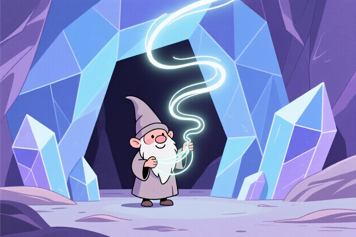 A tiny gnome weaving spells of light near a crystal cave.