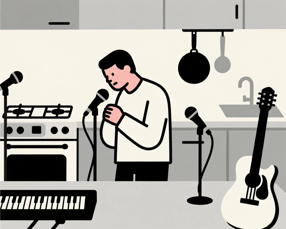 A focused musician in a studio working at a bustling professional kitchen, surrounded by microphones and instruments, expressing focused determination.