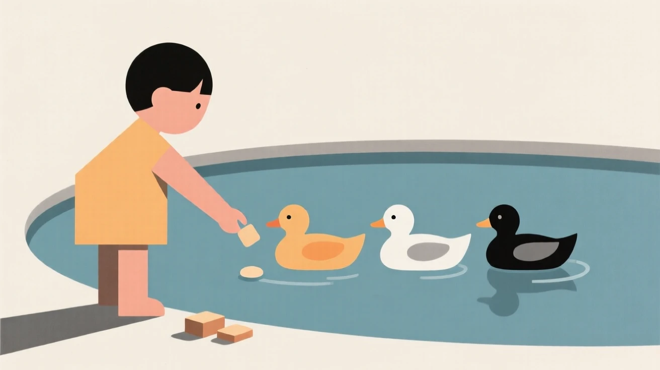 A young child feeding ducks at a pond