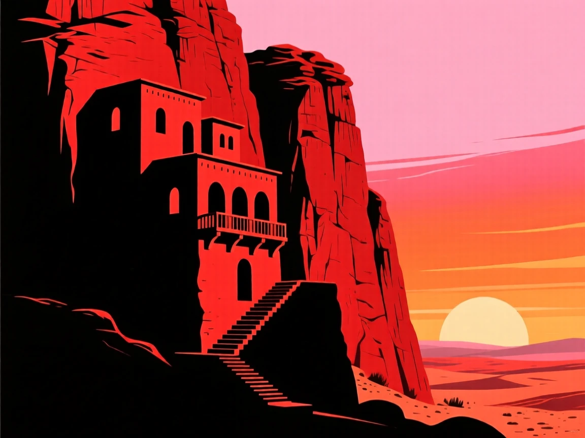 A remote desert monastery built into the face of a towering red cliff.