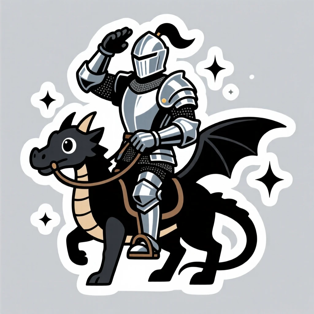 A confidently cool knight in shining armor riding a small dragon, striking a confident heroic pose, in a world full of wonder and imagination.