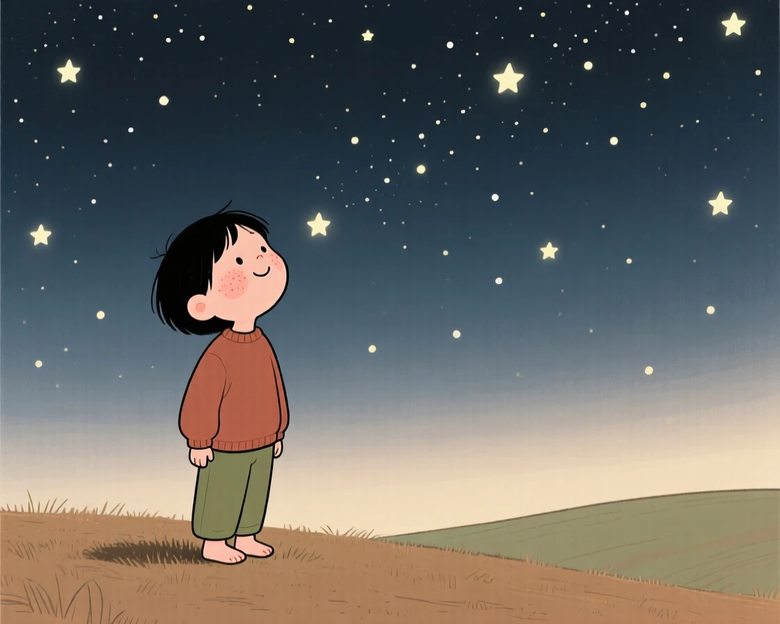 A young child looks up in quiet wonder at a sky full of stars, standing perfectly still as a feeling of gratitude settles over the scene.