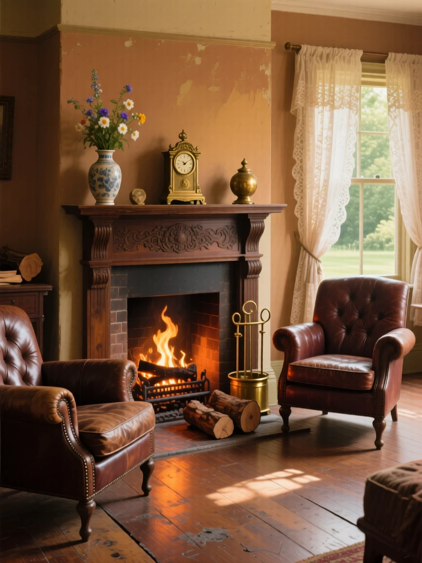 A medium shot of a warm sitting room with a crackling fireplace and worn armchairs, in the height of summer.