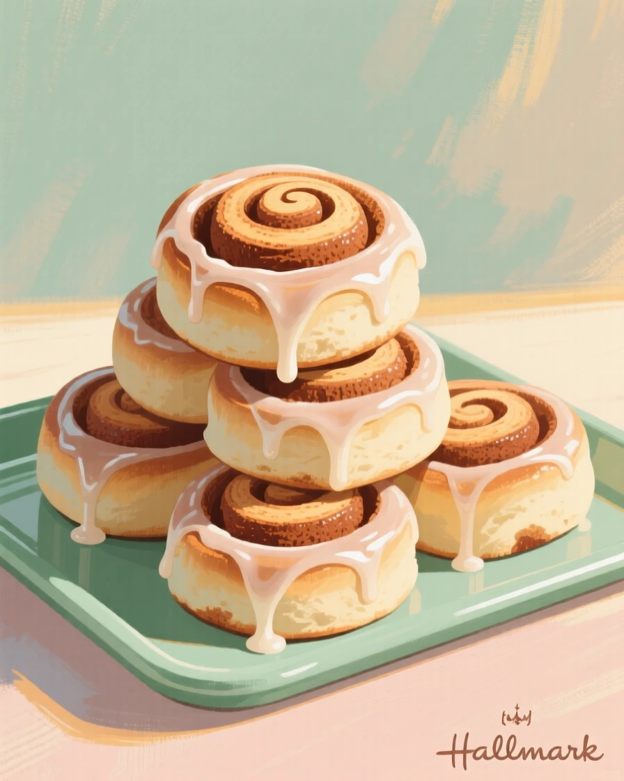 A stack of fresh cinnamon rolls glazed and cooling on a tray