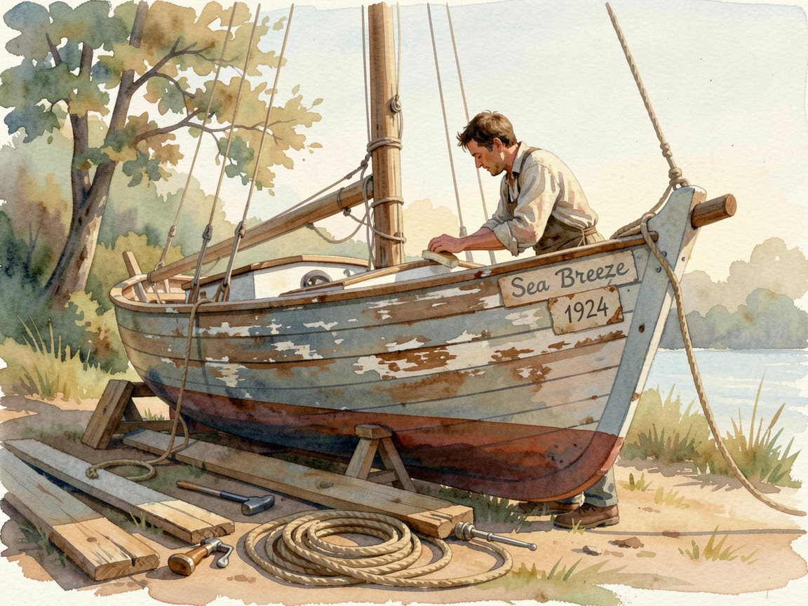 A man restoring an old wooden sailboat surrounded by natural light.