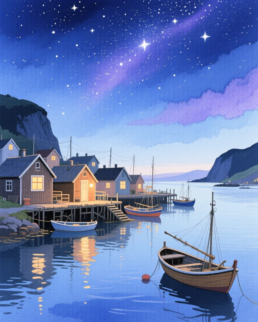 A breathtaking view of a coastal fishing village under a canopy of stars, with reflections shimmering across still water