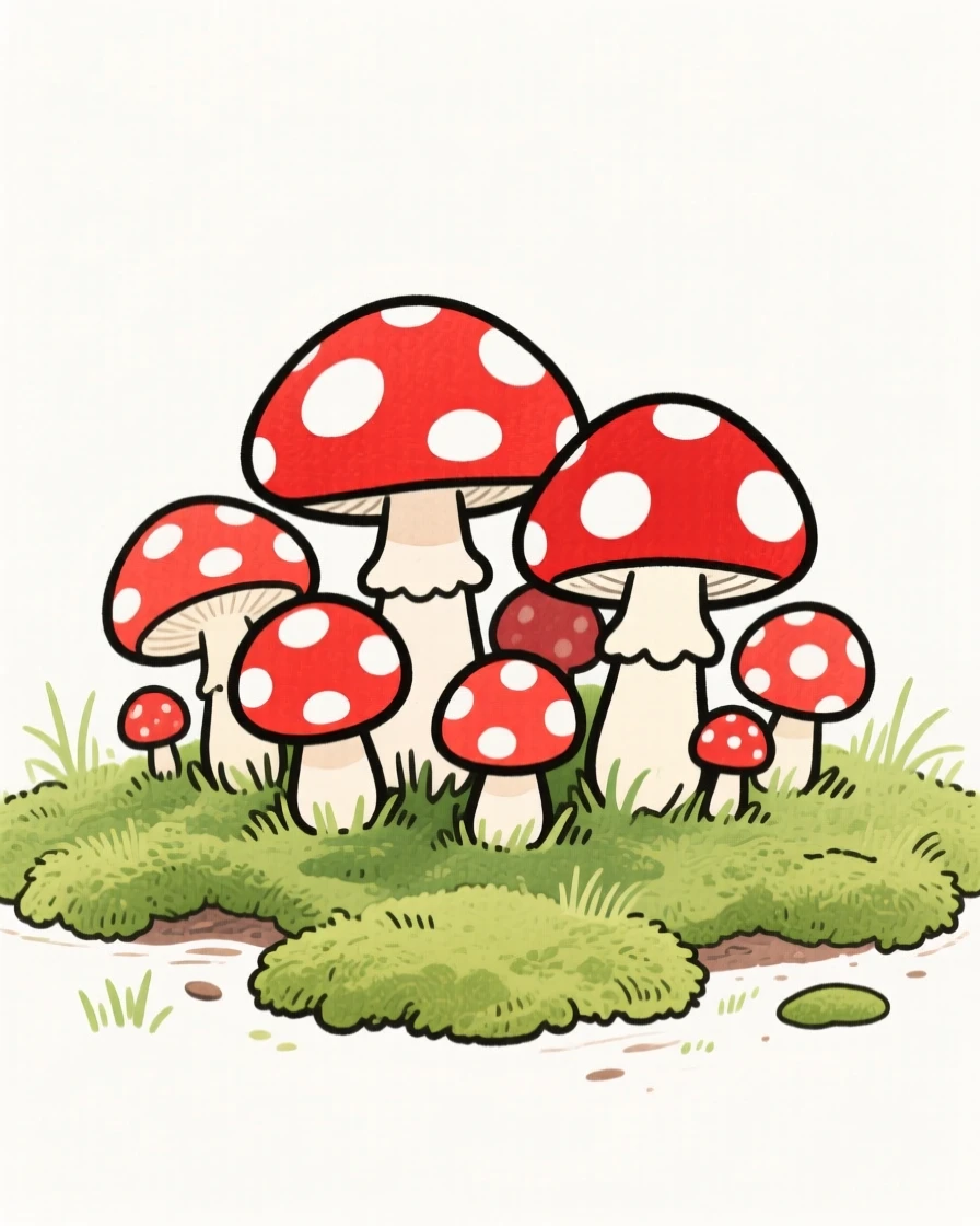 A cluster of red toadstool mushrooms in mossy grass, vivid and full of life.