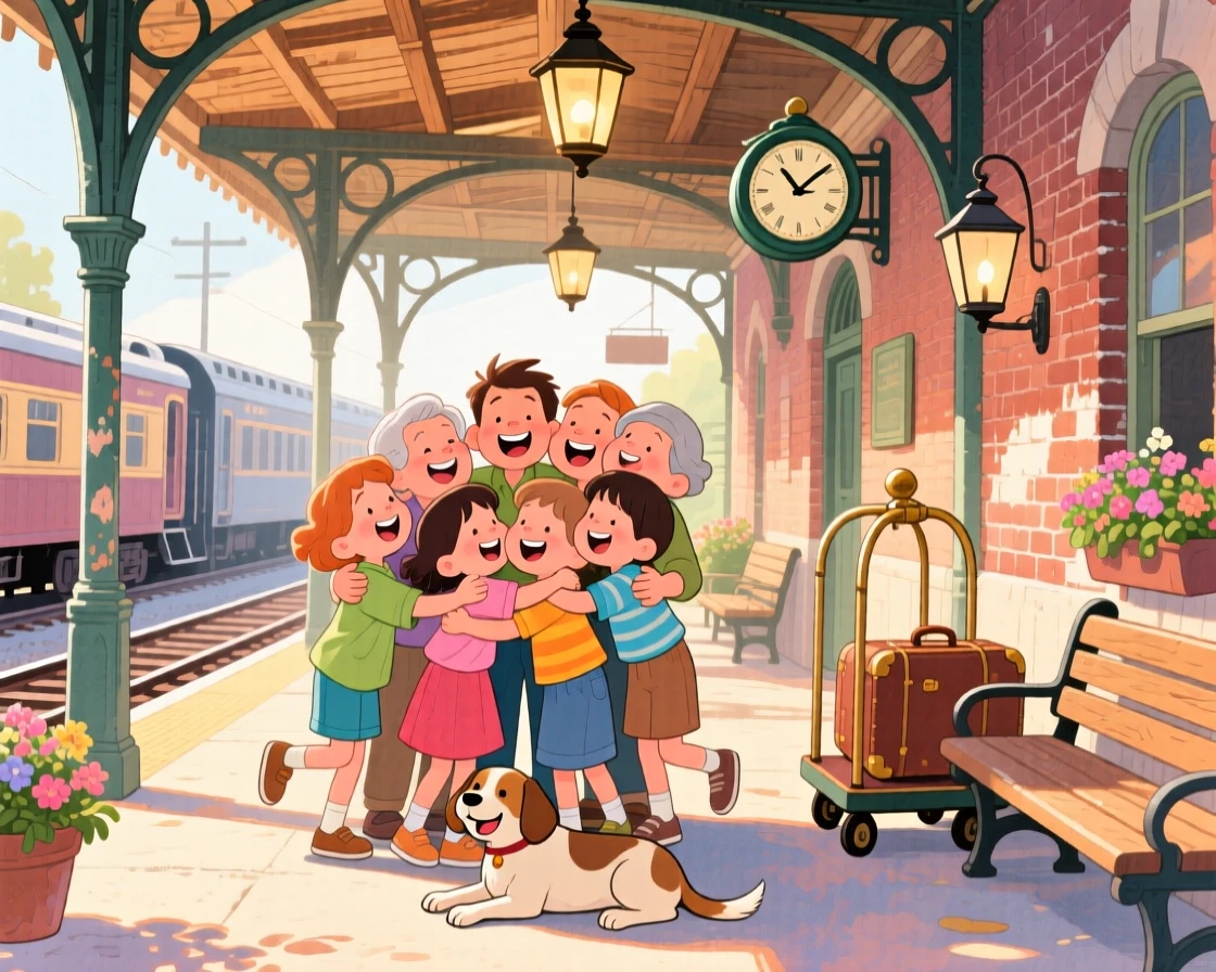 A group of childhood friends reuniting with a big group hug at a train station, in a charming old train station platform, with a dog resting happily at their feet, the joy of reconnecting with loved ones.