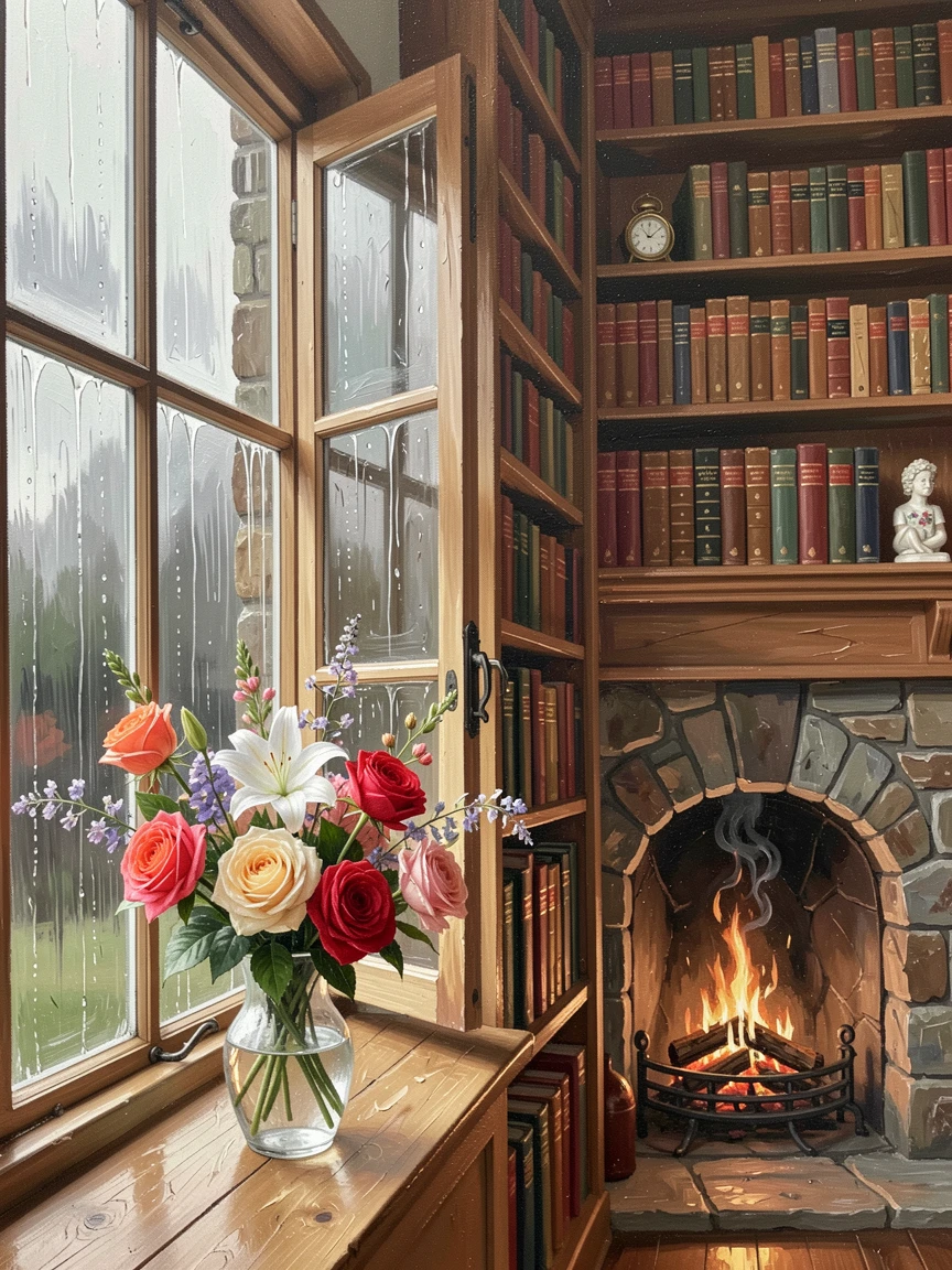On a quiet, rainy afternoon, a still life of fresh flowers beside an open window, beside tall bookshelves reaching to the ceiling, a fire crackling softly in the background.