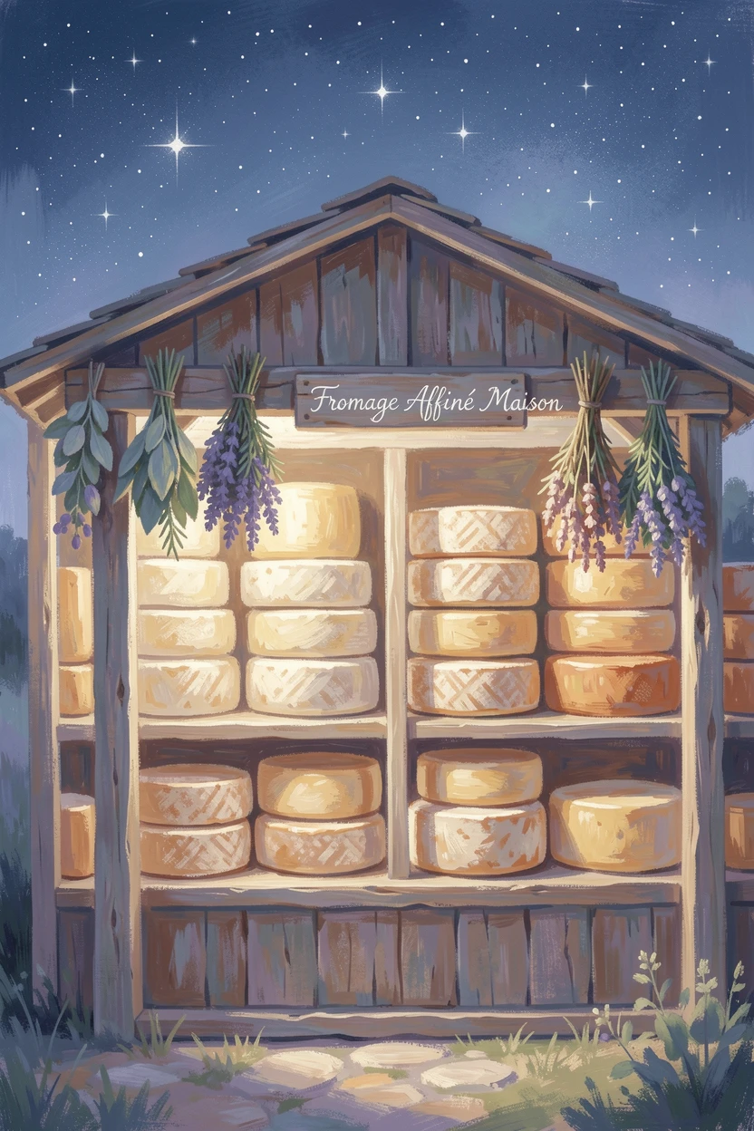 A rustic cheese shop with wheels of aged cheese stacked on wooden shelves beneath dried herb bundles, under a canopy of stars.