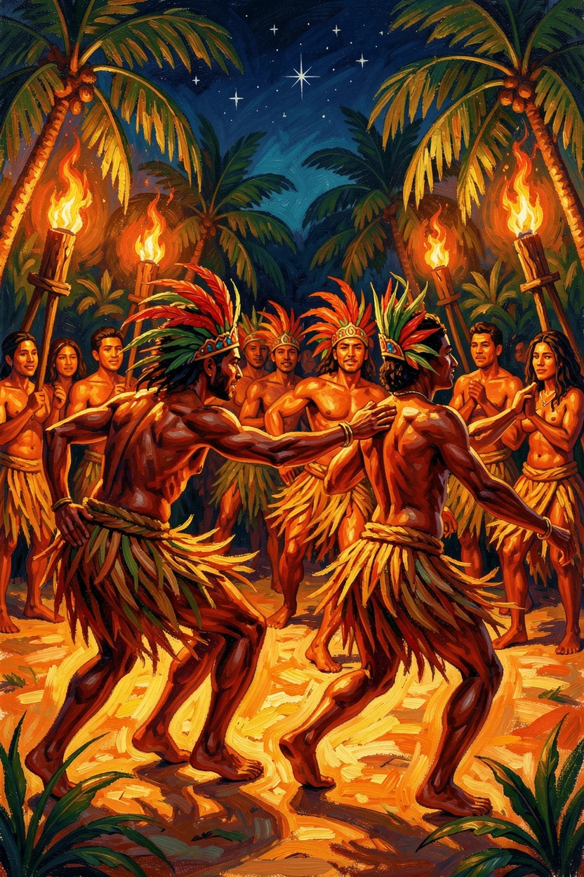 A vibrant traditional dance performance beneath torchlight during a Polynesian luau.