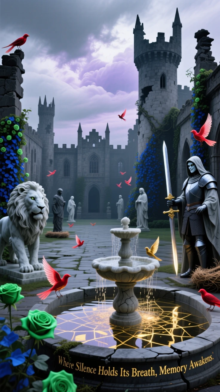 A castle courtyard where every statue seems to watch in silence stands silent under a sky heavy with soft grey clouds, while birds nest peacefully among its crumbling towers.