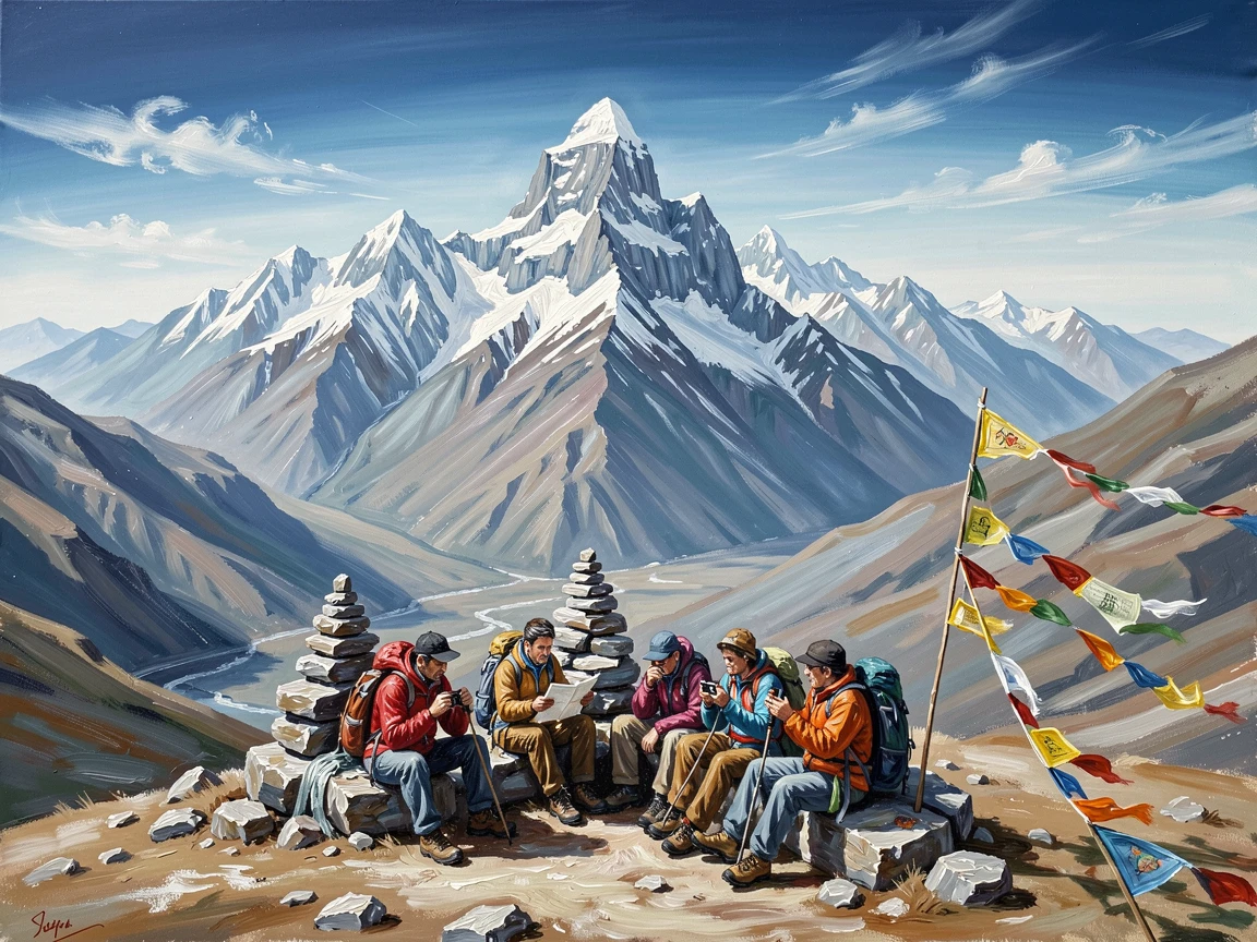A group of trekkers pauses at a high mountain pass in the Andes, prayer flags and cairns marking the trail beneath towering peaks, the vast surrounding landscape emphasizing the scale of the journey being undertaken.