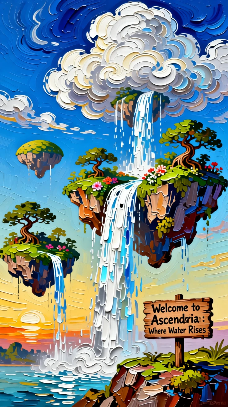 A floating archipelago of islands connected by waterfalls that flow upward into the clouds