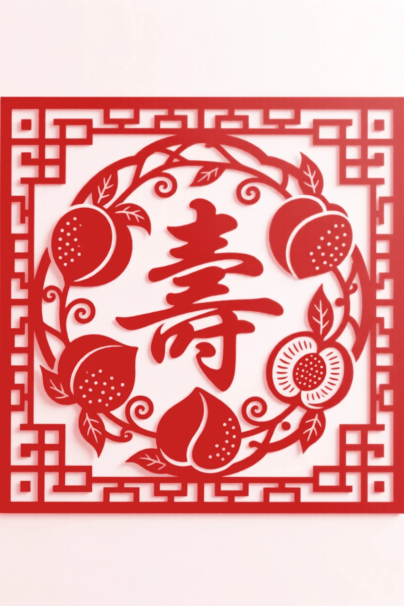 A design of a square lattice frame featuring a ring of five peaches around a longevity character, bordered by a fine repeating key-fret pattern.