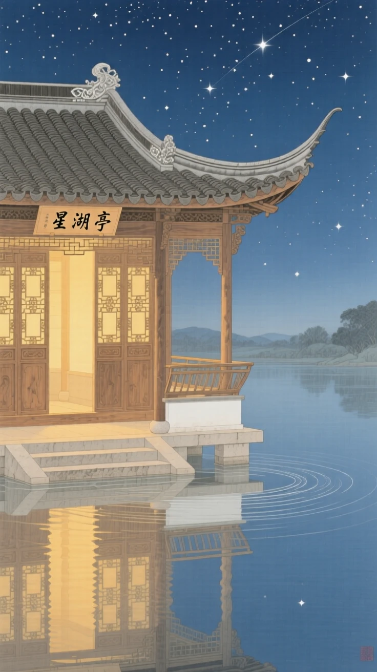 A lone pavilion glowing warmly beneath a starlit sky, reflected perfectly in the still water below