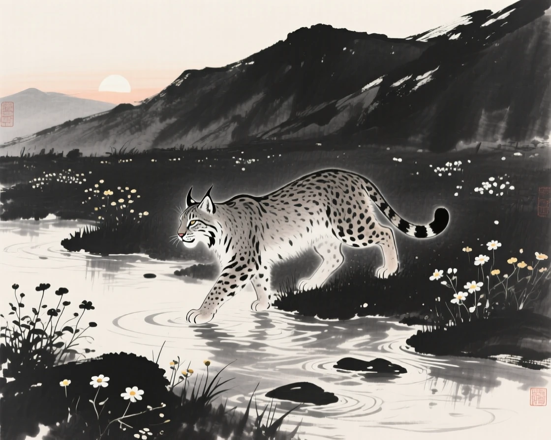 A lynx crossing a shallow stream at first light among wildflowers on a mountain meadow, captured in profile against a soft, empty background, capturing a fleeting, tender moment of wild life.