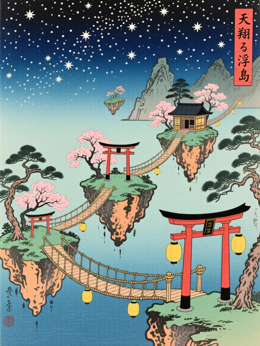 Floating islands connected by rope bridges, reaching toward a field of stars.
