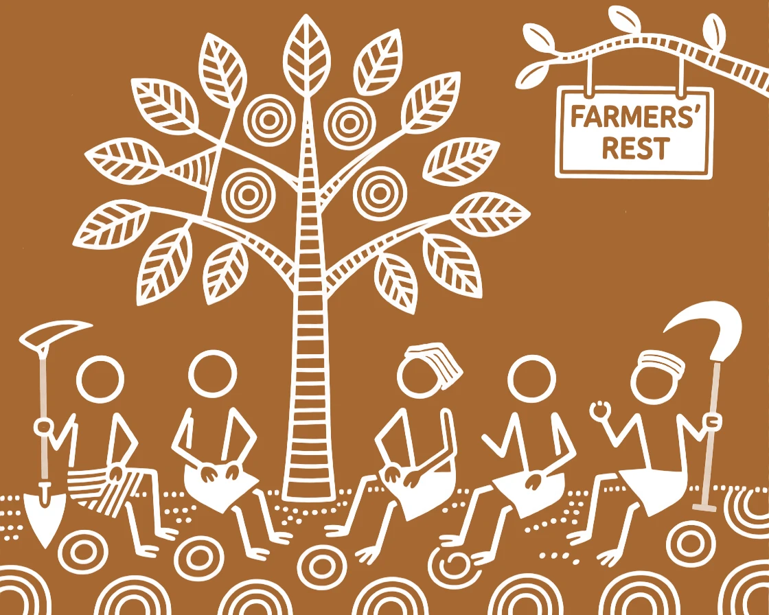 A group of farmers resting under a tree after a long day in the field.