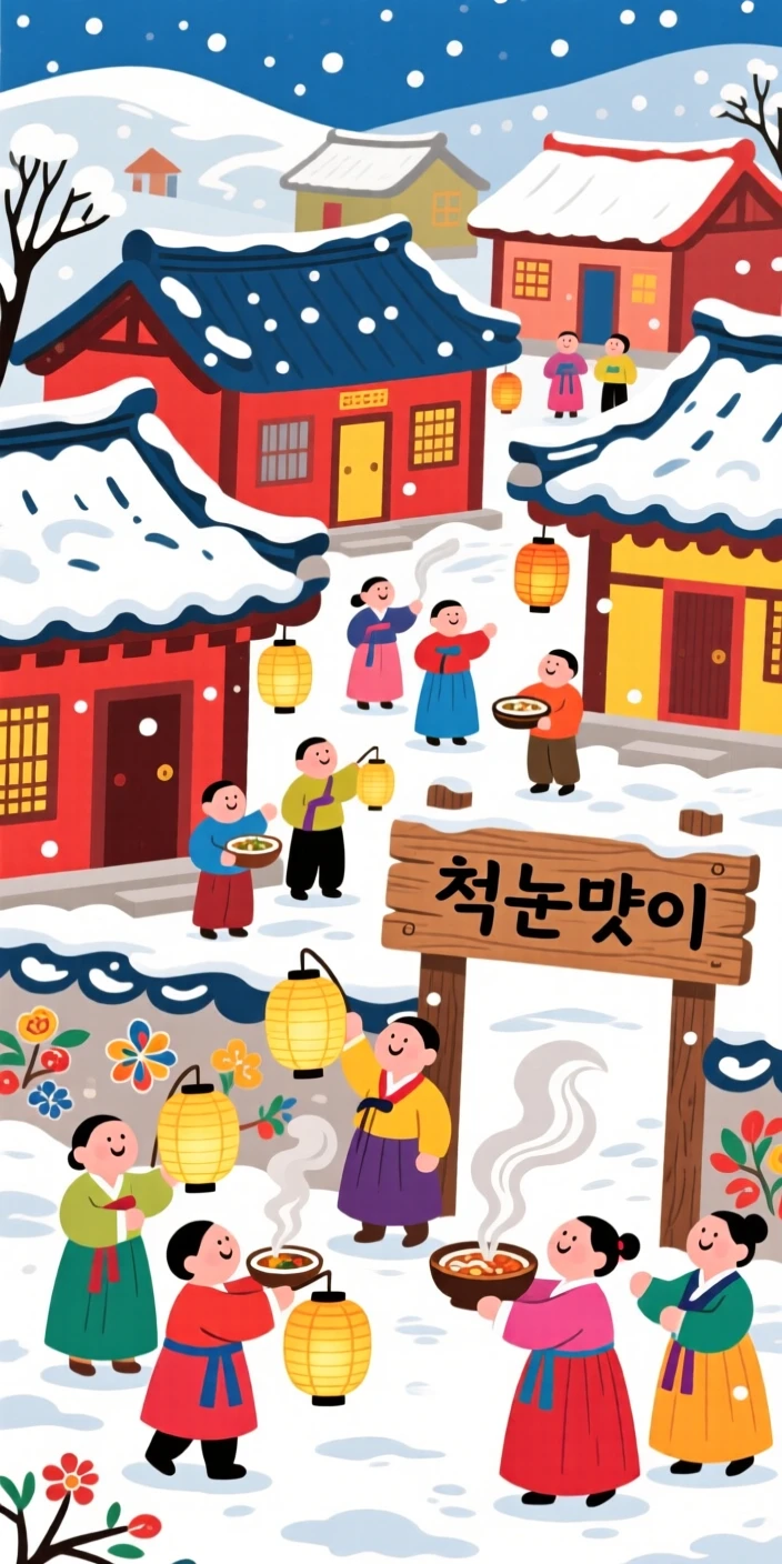 A village celebrating the first snow with lanterns and warm food.