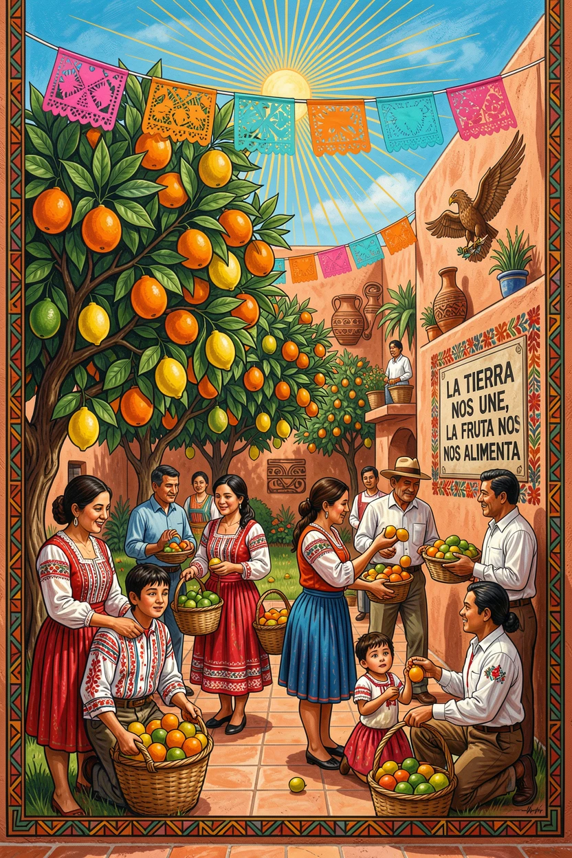 A garden courtyard with citrus trees heavy with fruit