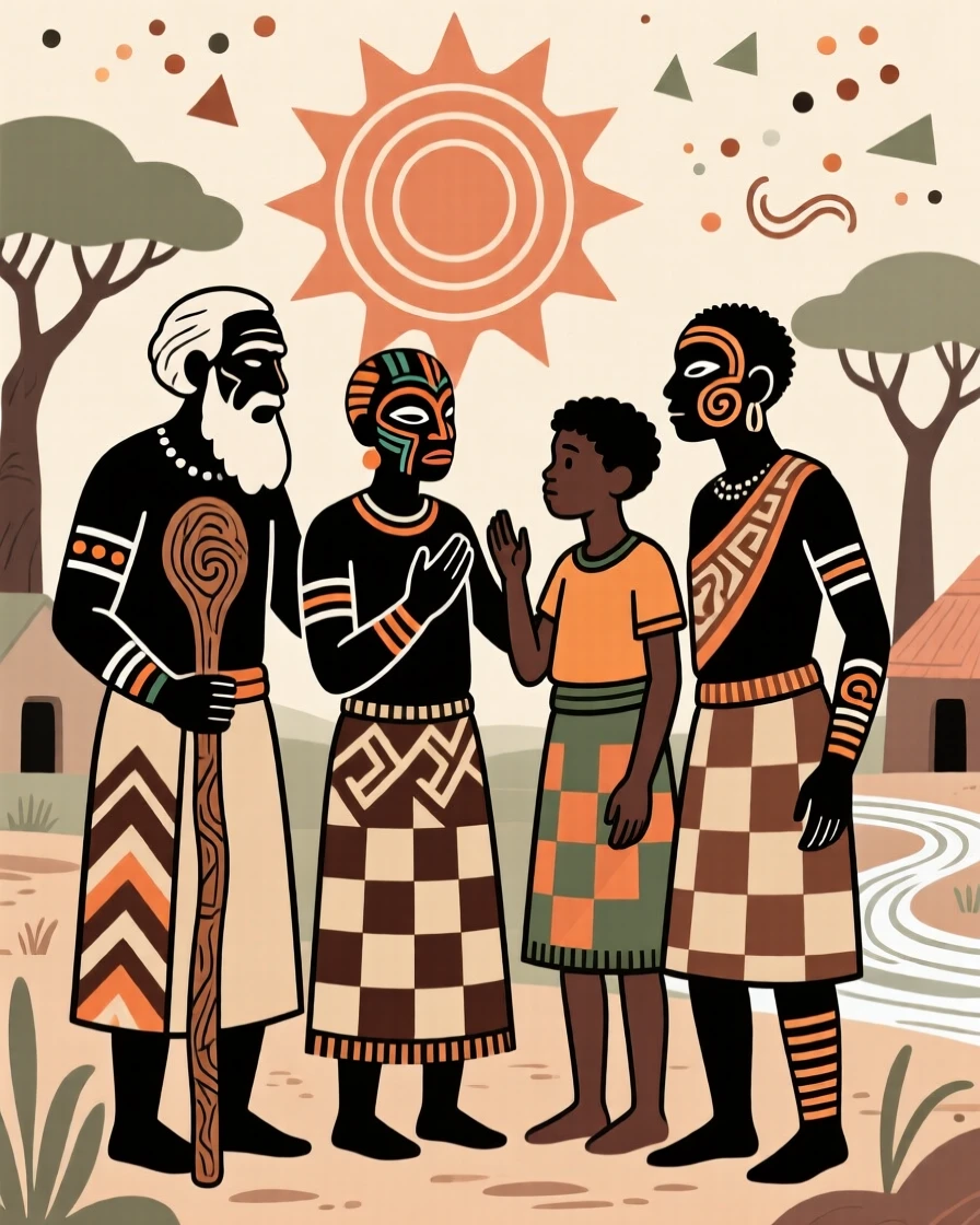 A united village reflecting on the wisdom of past generations.
