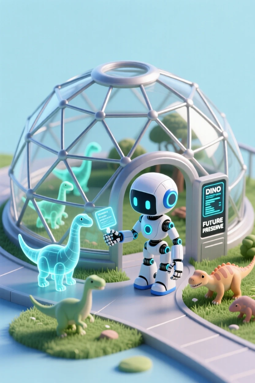 A robotic zookeeper caring for holographic dinosaurs in a futuristic wildlife preserve dome.