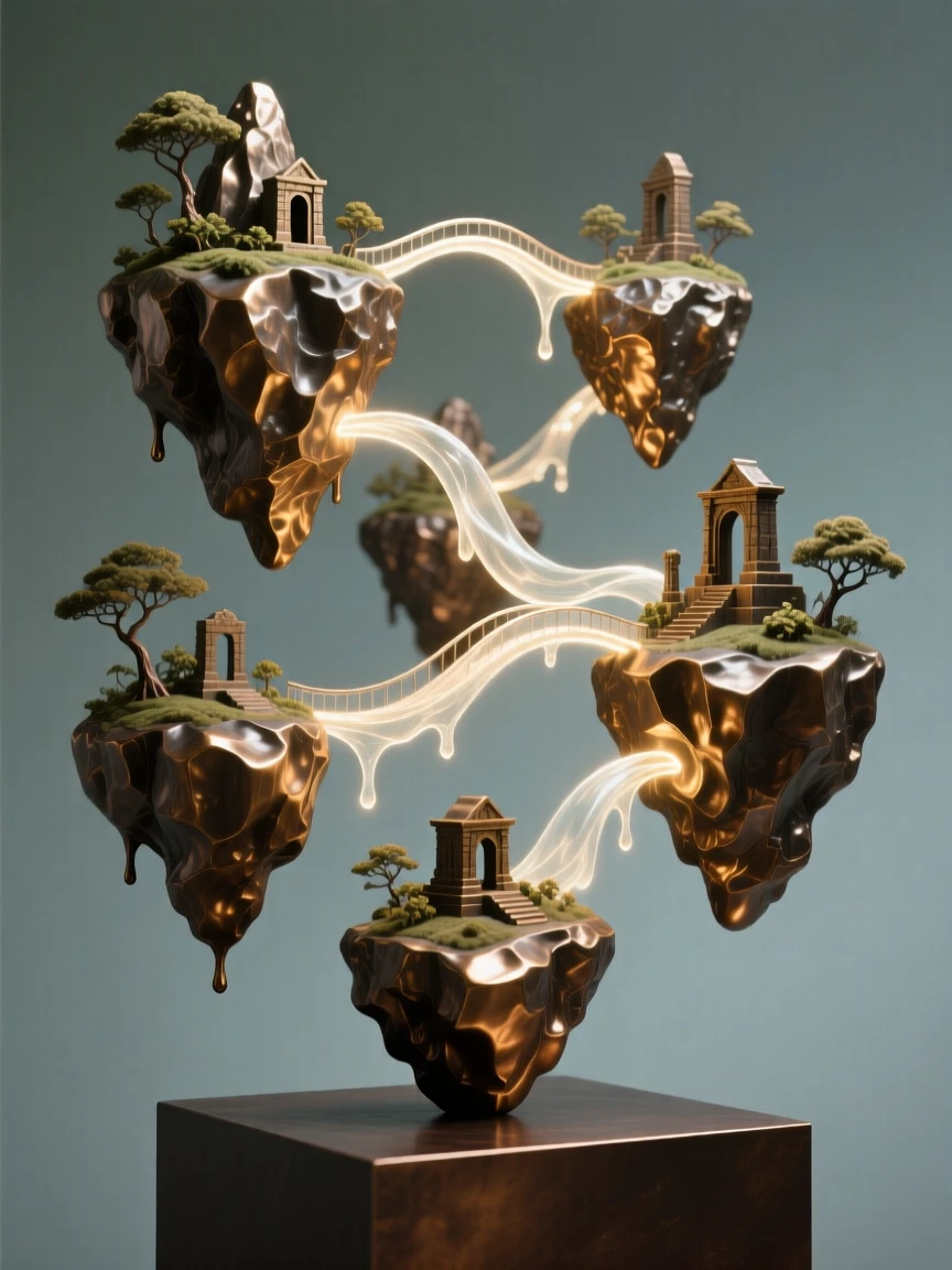 A floating archipelago connected by bridges of light, glowing with magical, luminous light, transporting the viewer to another world