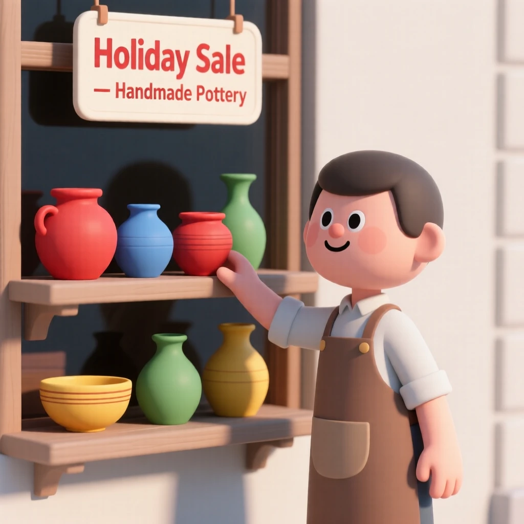 A proud shopkeeper arranges a colorful window display of handmade pottery ahead of a holiday sale.