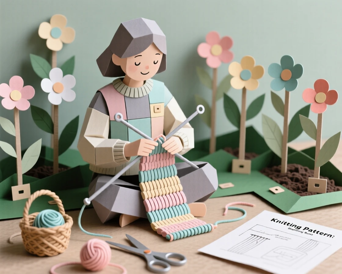 A focused knitter tending rows of blooming plants, with tools and materials scattered nearby, evoking creative passion and focus.