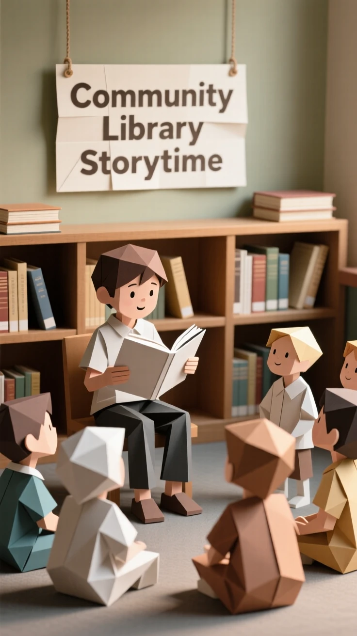 A child reading to a group of younger kids at a community library event.