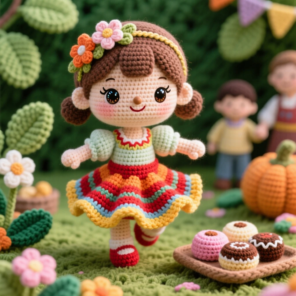 a little girl wearing a floral hair comb, for a traditional dance celebration, is shown spinning gracefully in a colorful skirt in a family garden set for a harvest gathering beside a small tray of traditional sweets nearby, capturing joyful community celebration and shared tradition.