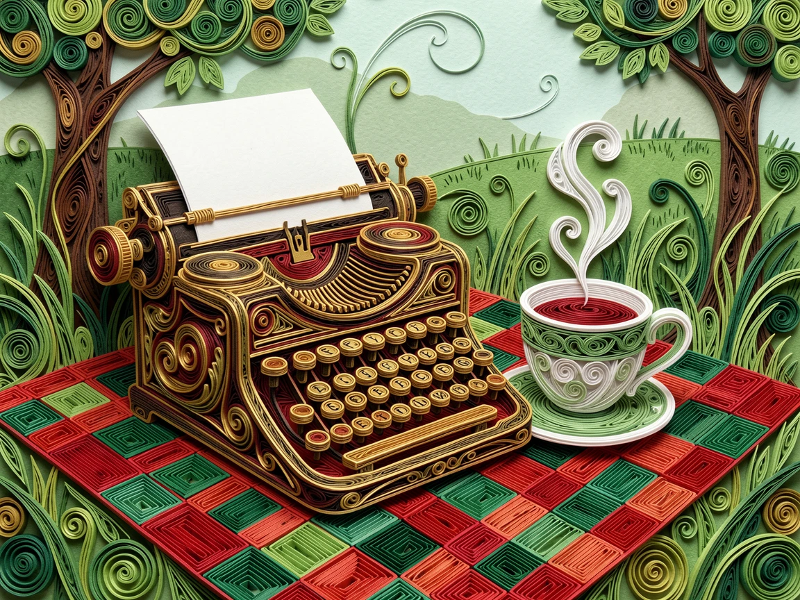 A cozy still life of a vintage typewriter beside a cup of tea on a checkered picnic blanket in a park, in a fresh palette of green, red, and gold, composed with warm, inviting close-up framing.