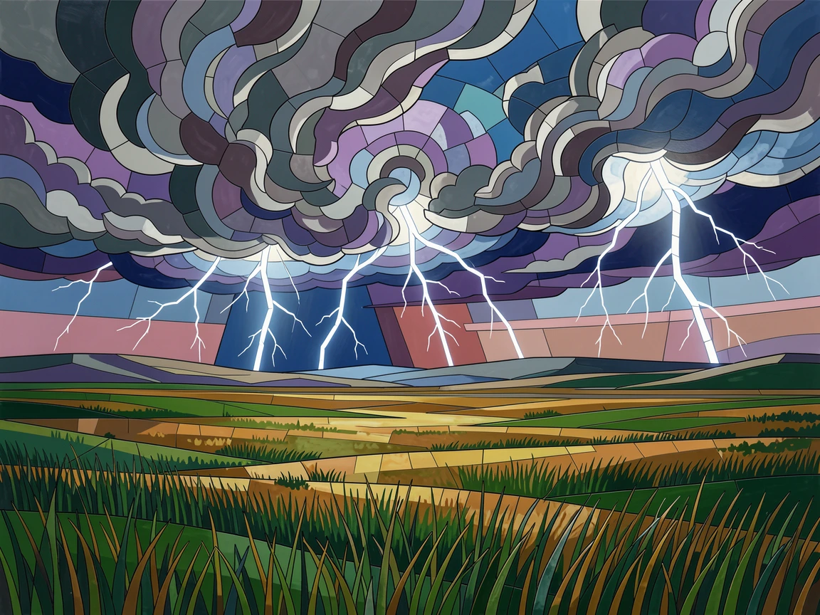 A wide panoramic view of a lightning storm illuminating a wide open prairie at dusk, with dramatic clouds and rich natural color.