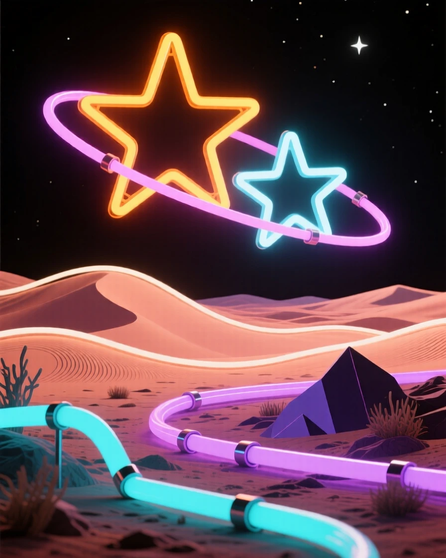 A binary star system setting over an alien desert landscape.