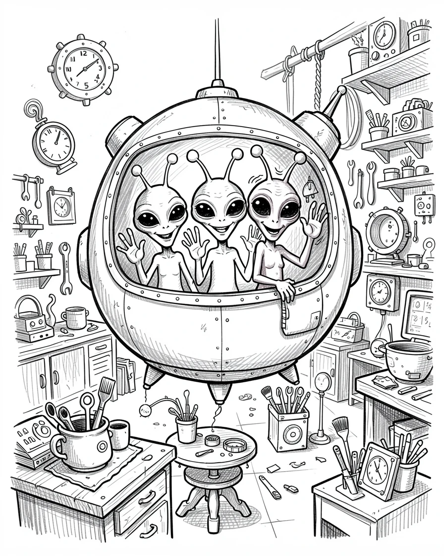 An alien family waving from their spaceship window in a colorful workshop full of gadgets.