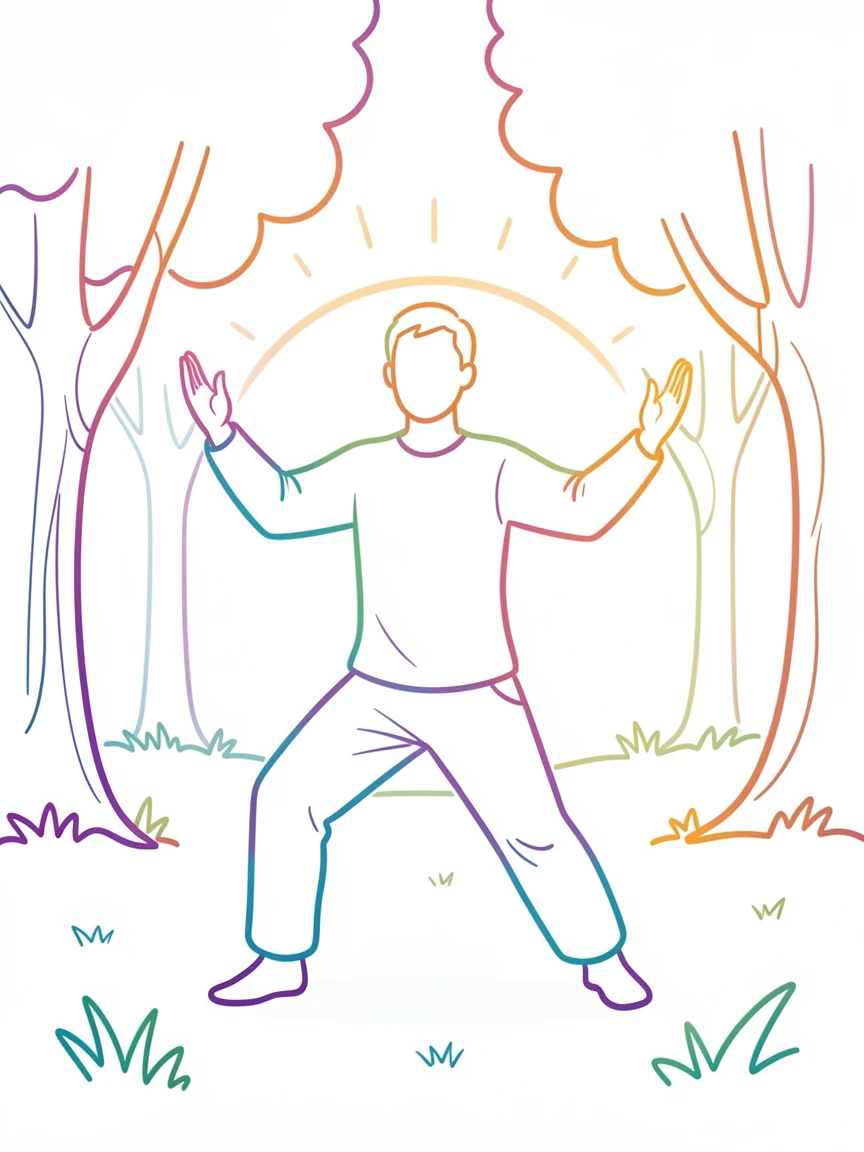 A person practicing tai chi in a quiet park at sunrise.