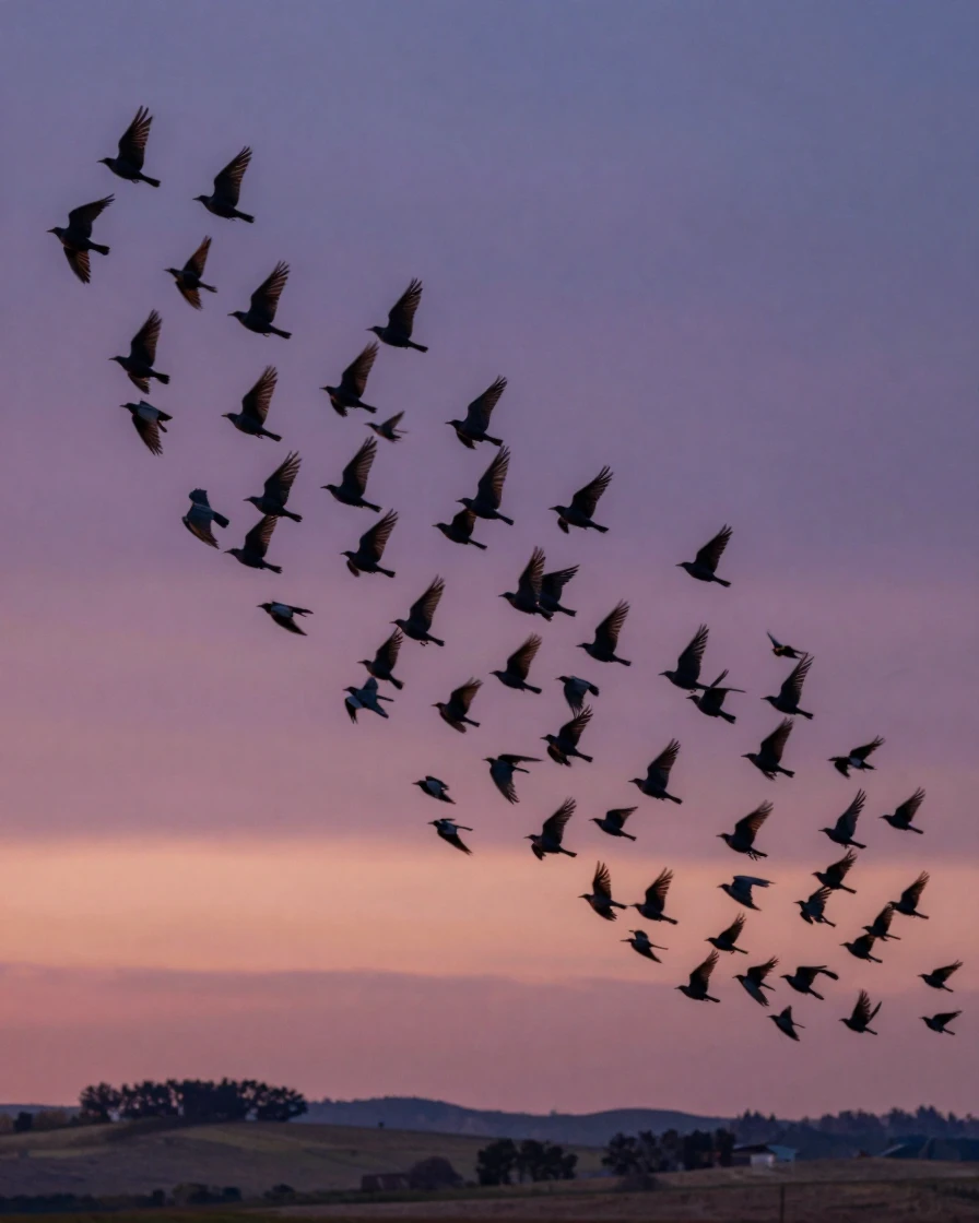 A murmuration of starlings swirling in intricate patterns at dusk