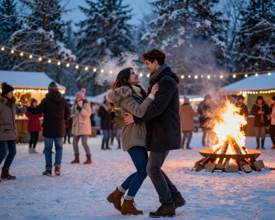 A young couple dancing together at an outdoor celebration beside a bonfire during a winter festival