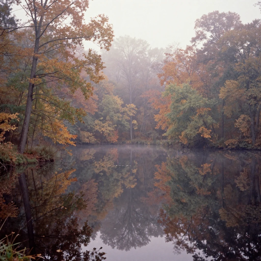 A quiet forest pond reflecting surrounding trees like a mirror, in soft window light, in thick rolling fog, in the mild days of early autumn, in soft muted pastels, from a wide establishing view.