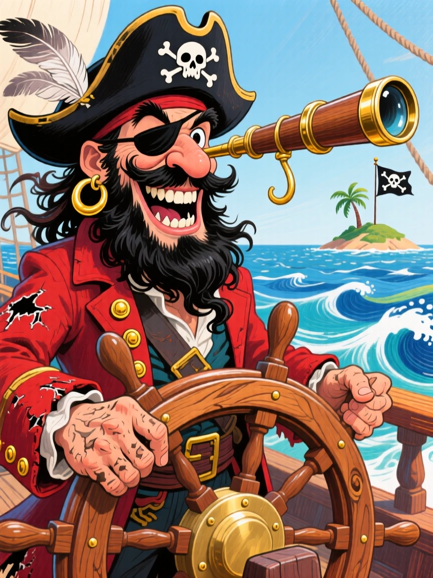 A pirate captain standing at the ship's helm, spyglass raised toward a distant island.